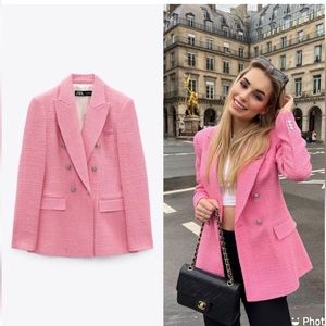 Zara Textured Tweed  Double Breasted  Blazer pink size M